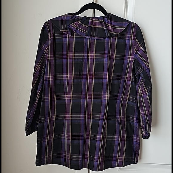 LRL Ruffled Trim Neckline Buttondown Plaid Blouse - Picture 3 of 15
